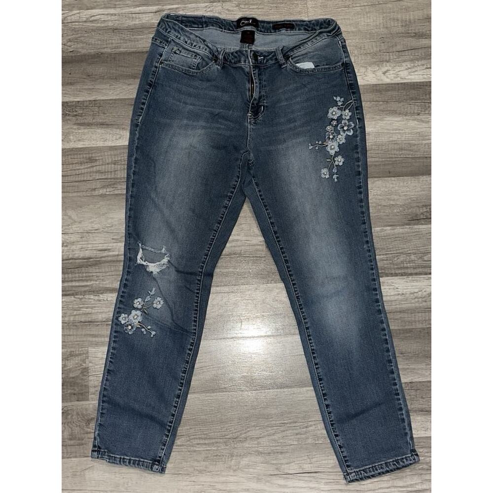Earl Jeans Women's Sz 14 Floral Embroidered Cropped Floral Blossom Denim Skinny